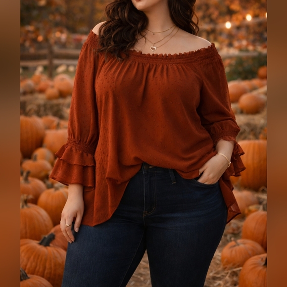 C Est. 1946 Tops - C Est. 1946 2X Rust Smocked Neck Sheer Blouse | Ruffle Sleeve Romantic Top